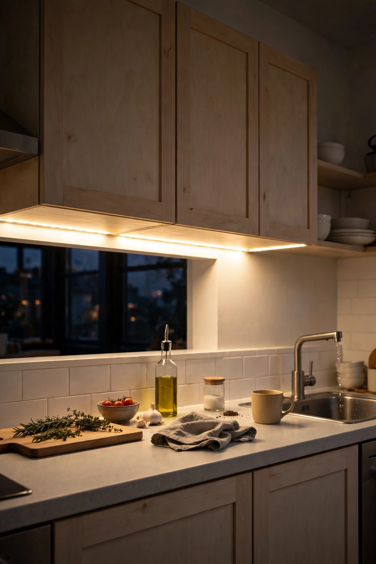 Warm LED strip lights glowing under kitchen wall cabinets at night