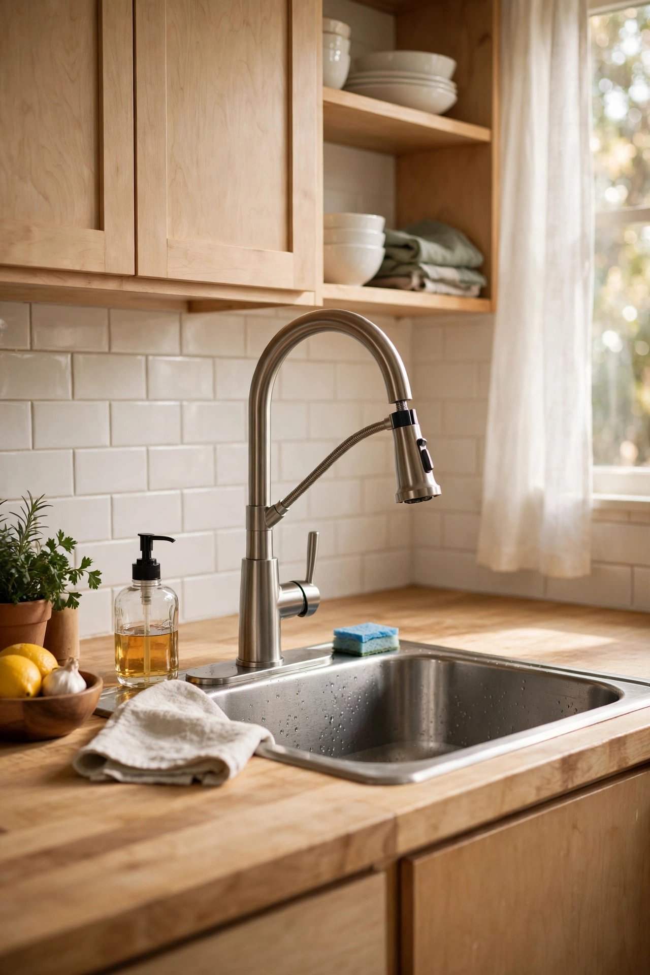 New high-arc pull-down sprayer kitchen faucet over a stainless sink