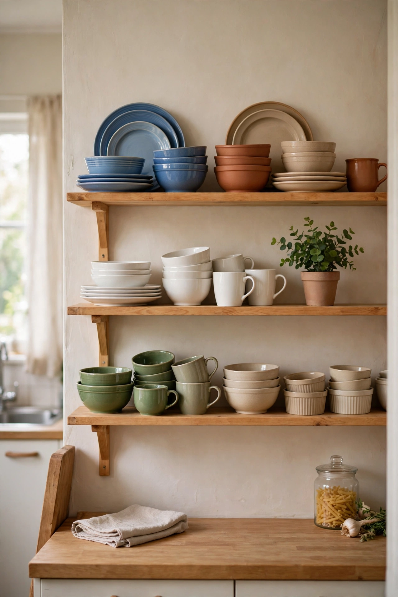 Restyled open kitchen shelves grouped by colour with a small plant