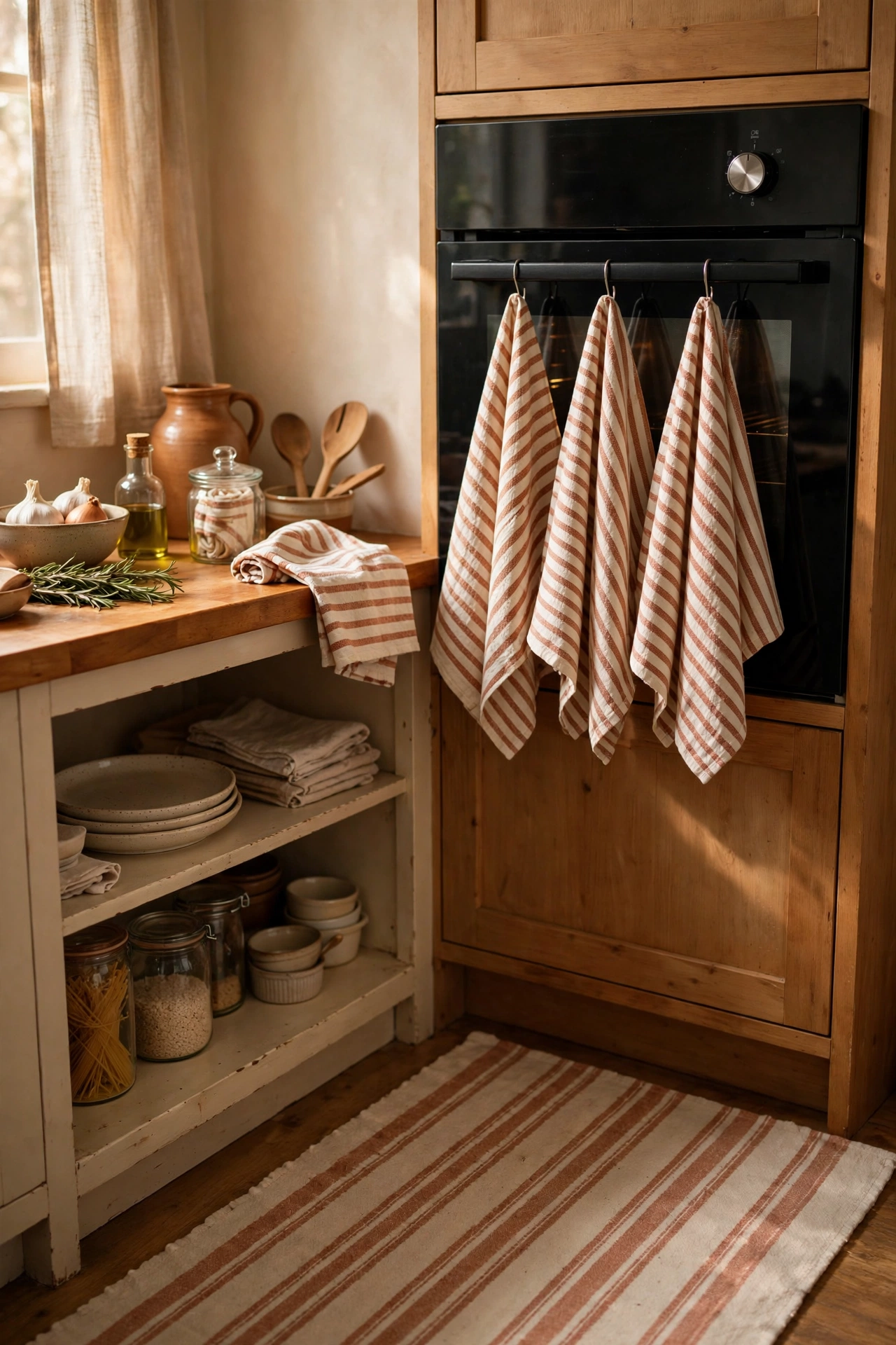 Coordinated striped tea towels oven mitt and runner rug in a kitchen