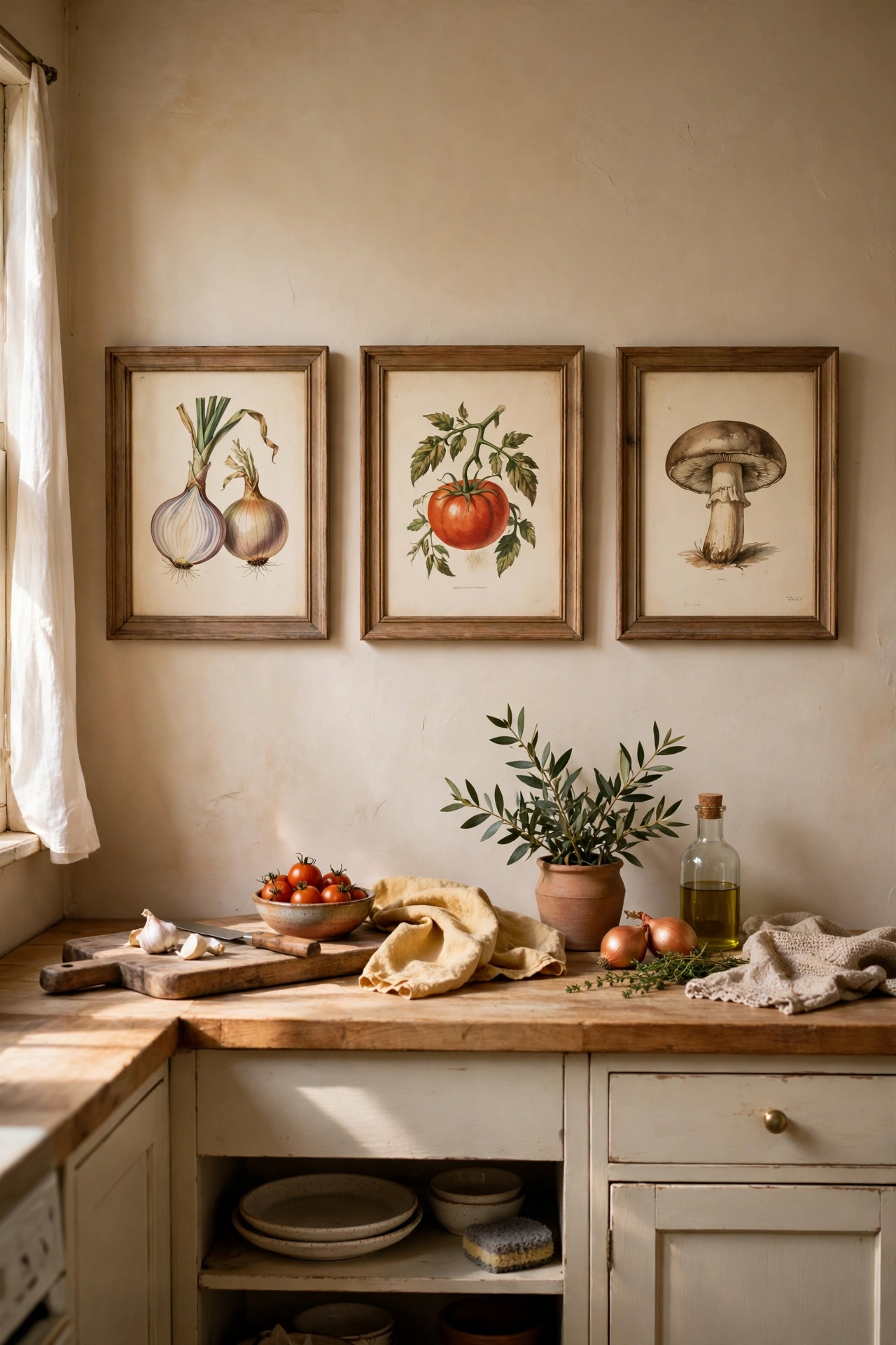 Three framed vintage food prints hung in a row above a kitchen worktop