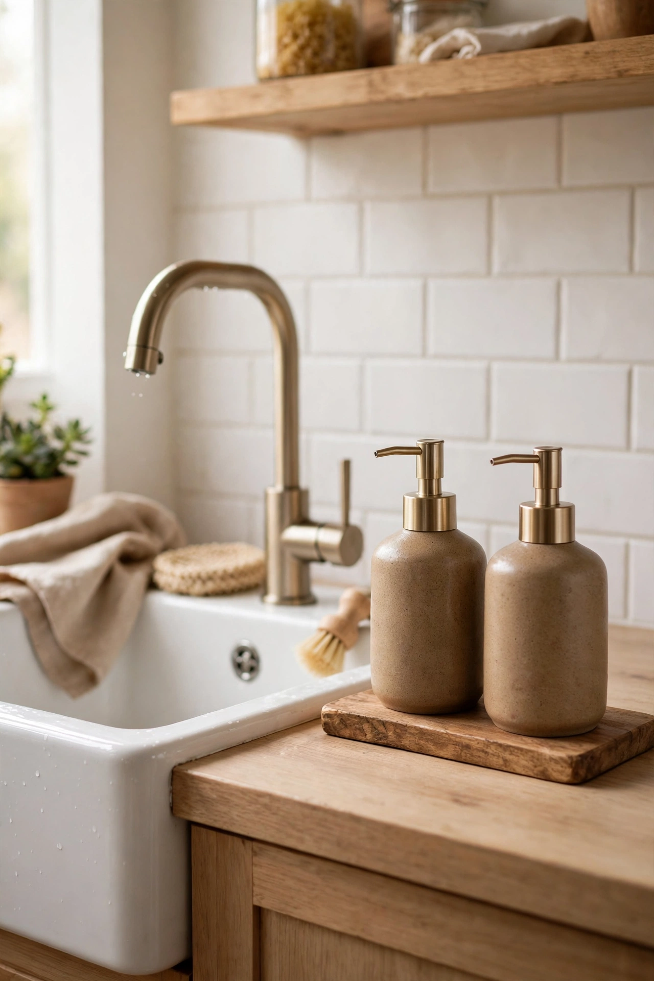 Matching ceramic soap dispensers on a small tray beside a kitchen sink