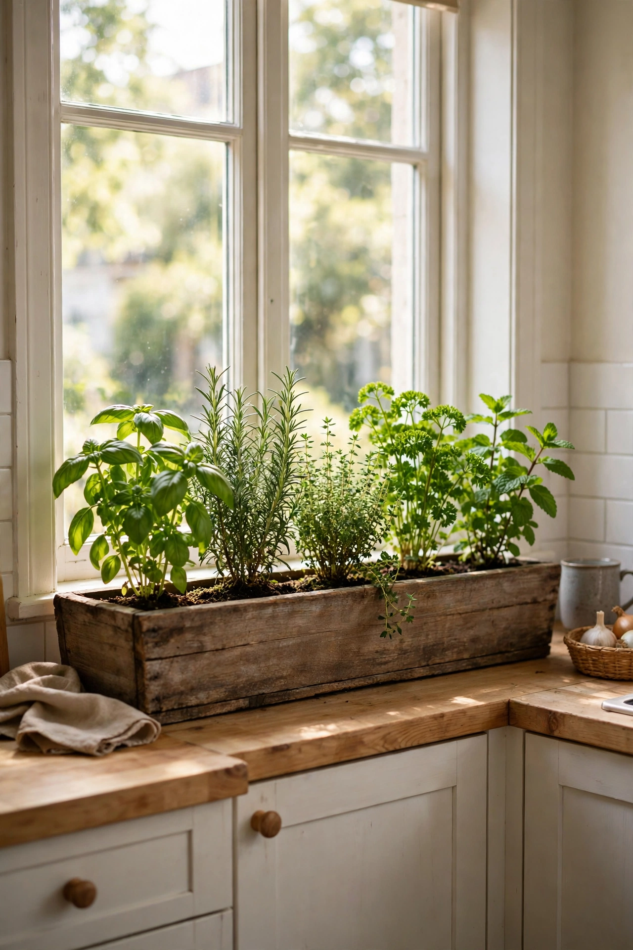 Row of potted herbs in a long trough planter on a sunny kitchen windowsill
