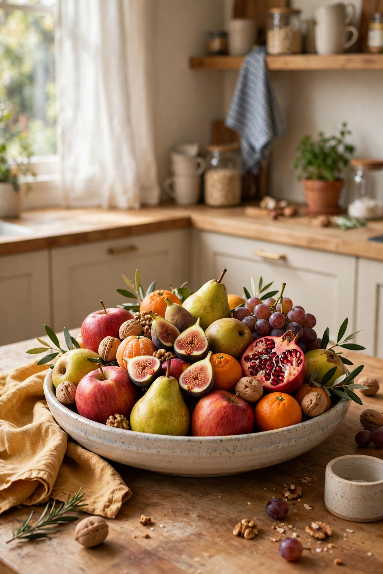 Wide shallow bowl of seasonal fruit as a centrepiece on a kitchen island