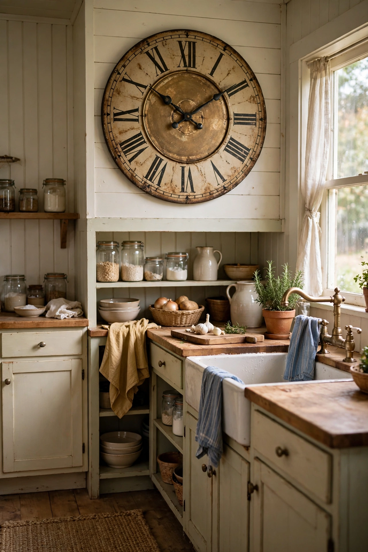 Large vintage-style wall clock with Roman numerals in a farmhouse kitchen