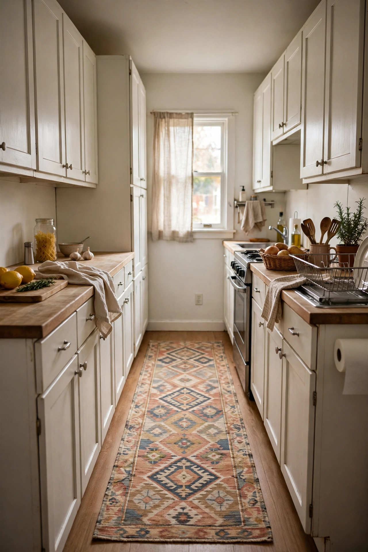 Washable patterned runner rug laid down a narrow galley kitchen
