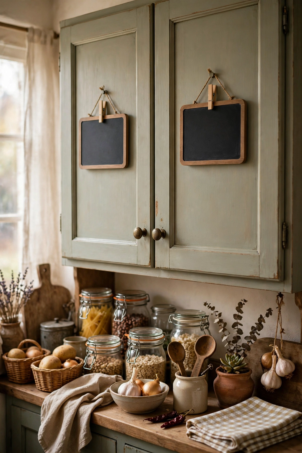 Chalkboard labels on pantry cupboard doors reading flour sugar rice pasta