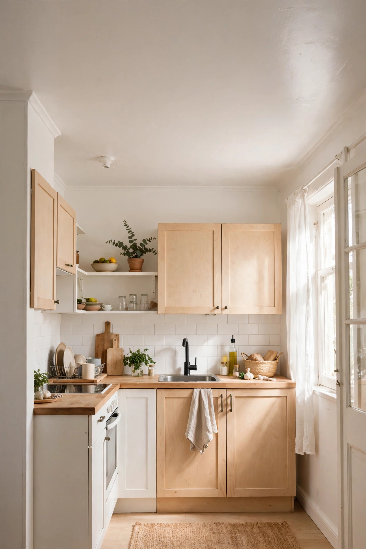 Freshly painted bright white kitchen ceiling bouncing light around the room