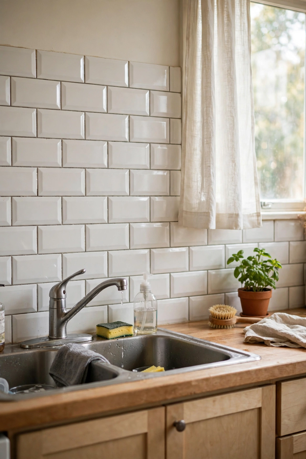 Classic white peel and stick subway tile backsplash in a bright kitchen