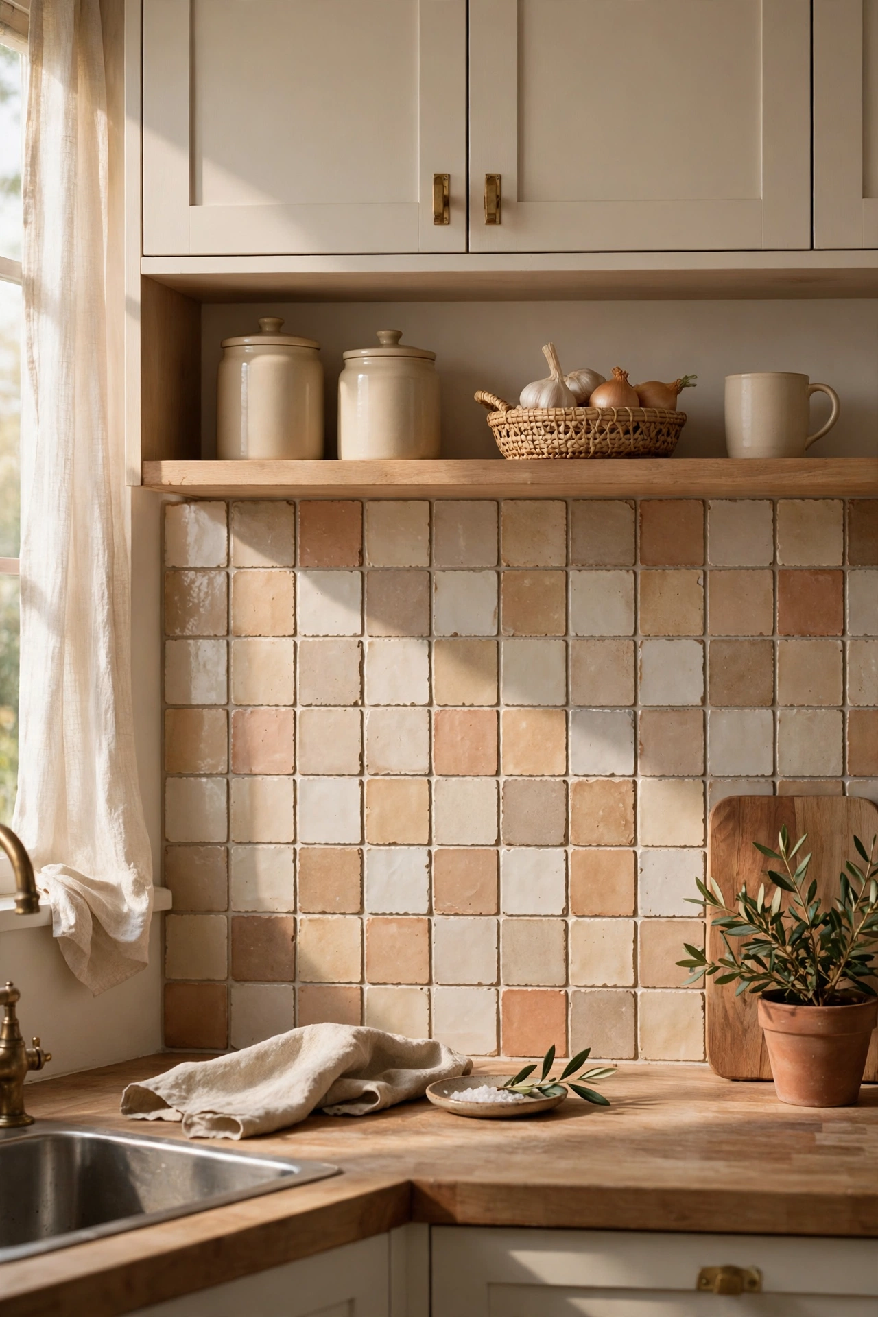 Handmade-look zellige square peel and stick tiles in warm white on a kitchen wall