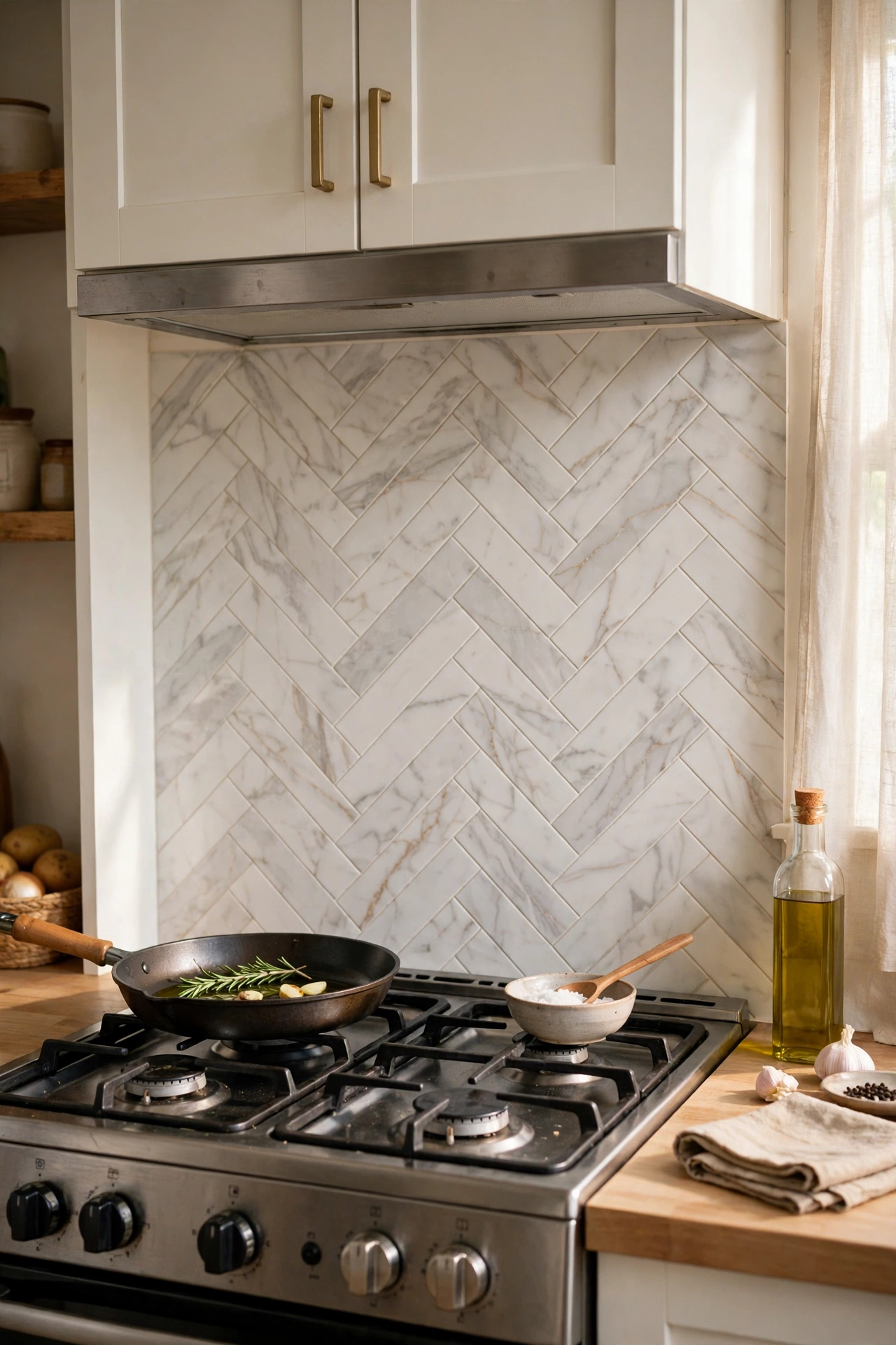 Marble-look herringbone peel and stick backsplash behind a kitchen cooker