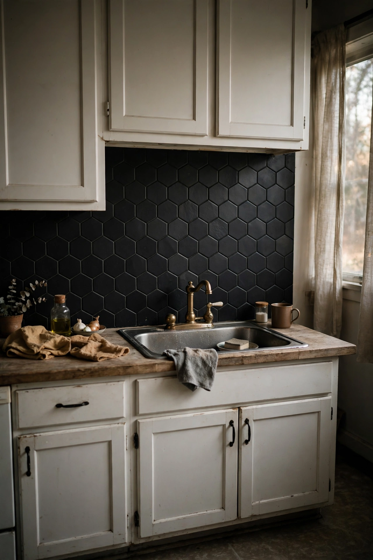 Matte black hexagon peel and stick tiles as a dramatic kitchen backsplash