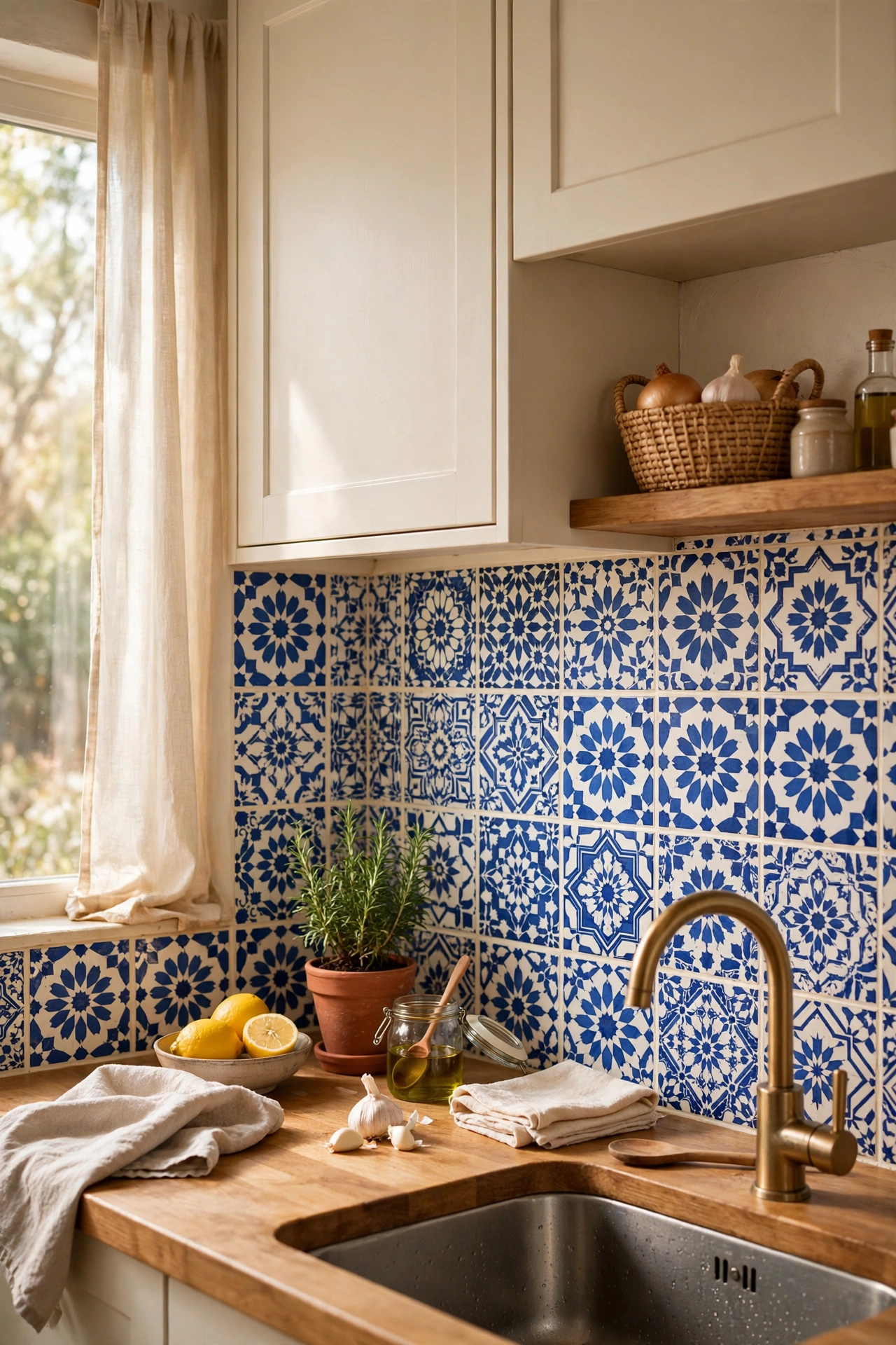 Moroccan pattern tile stickers applied over a plain kitchen backsplash