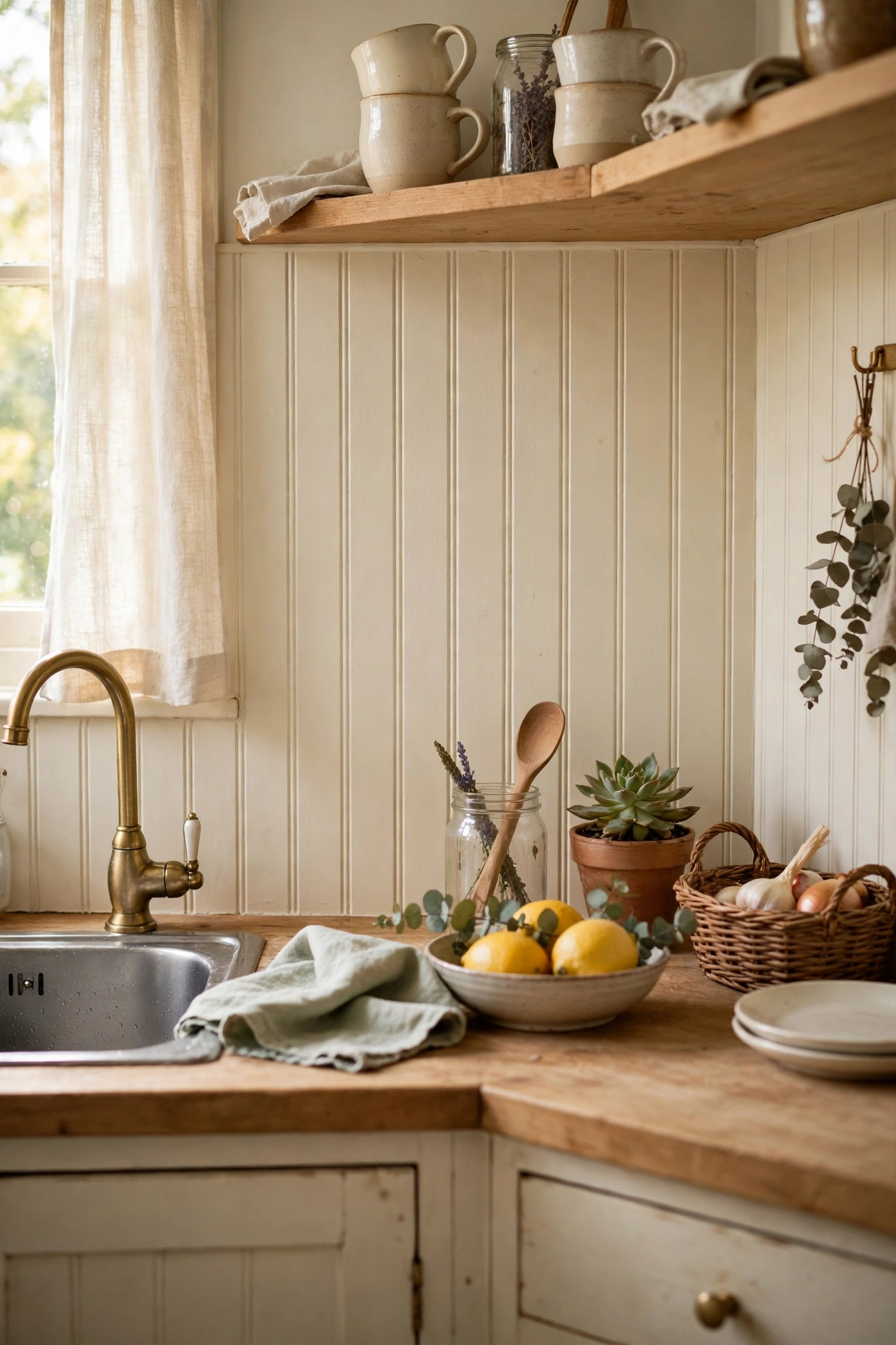 Cream beadboard-look peel and stick panels as a cottage kitchen backsplash
