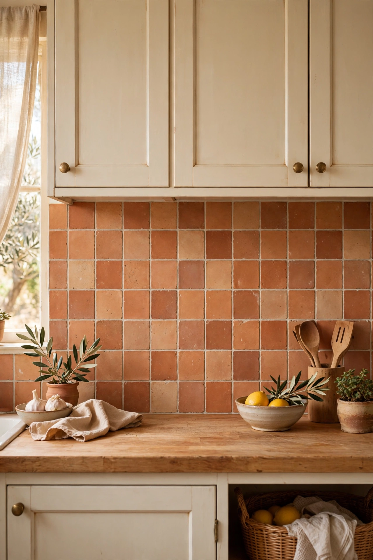 Terracotta-effect square peel and stick tiles warming up a kitchen backsplash