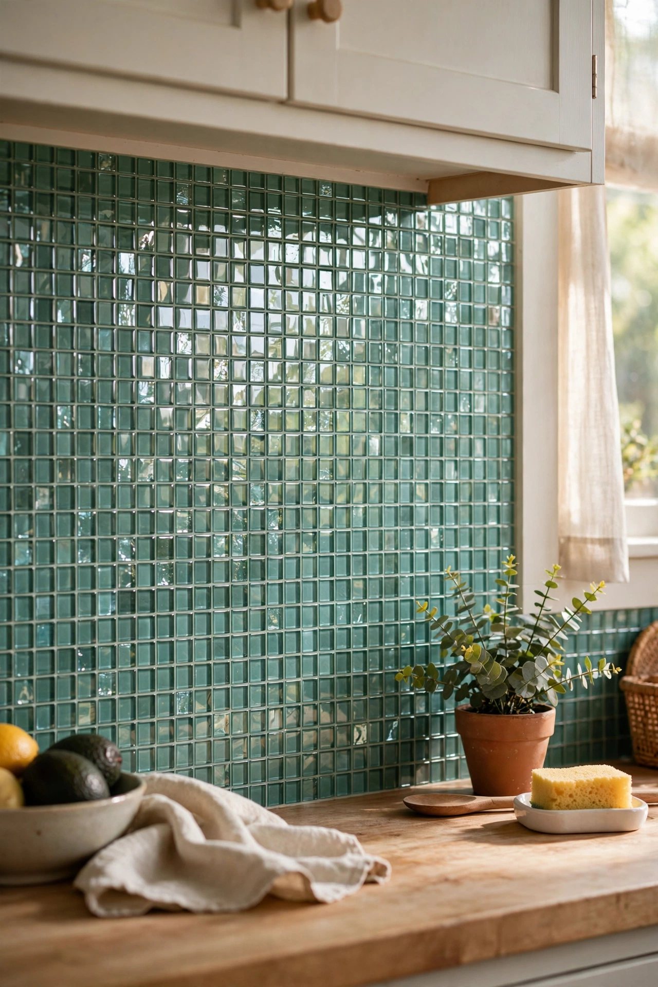 Sea green glass-look mosaic peel and stick strips on a kitchen backsplash