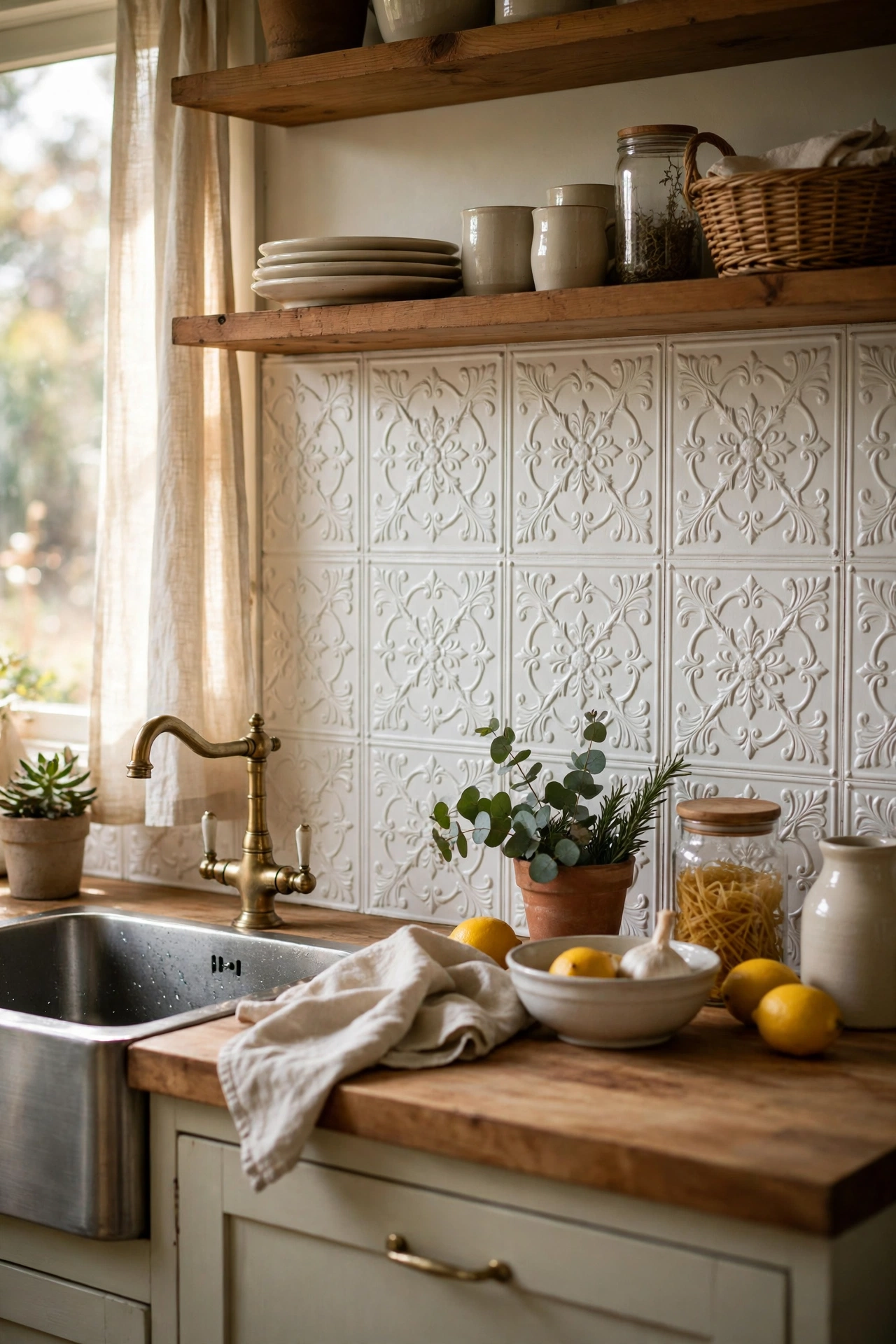 White pressed-tin-look peel and stick panels as a vintage kitchen backsplash