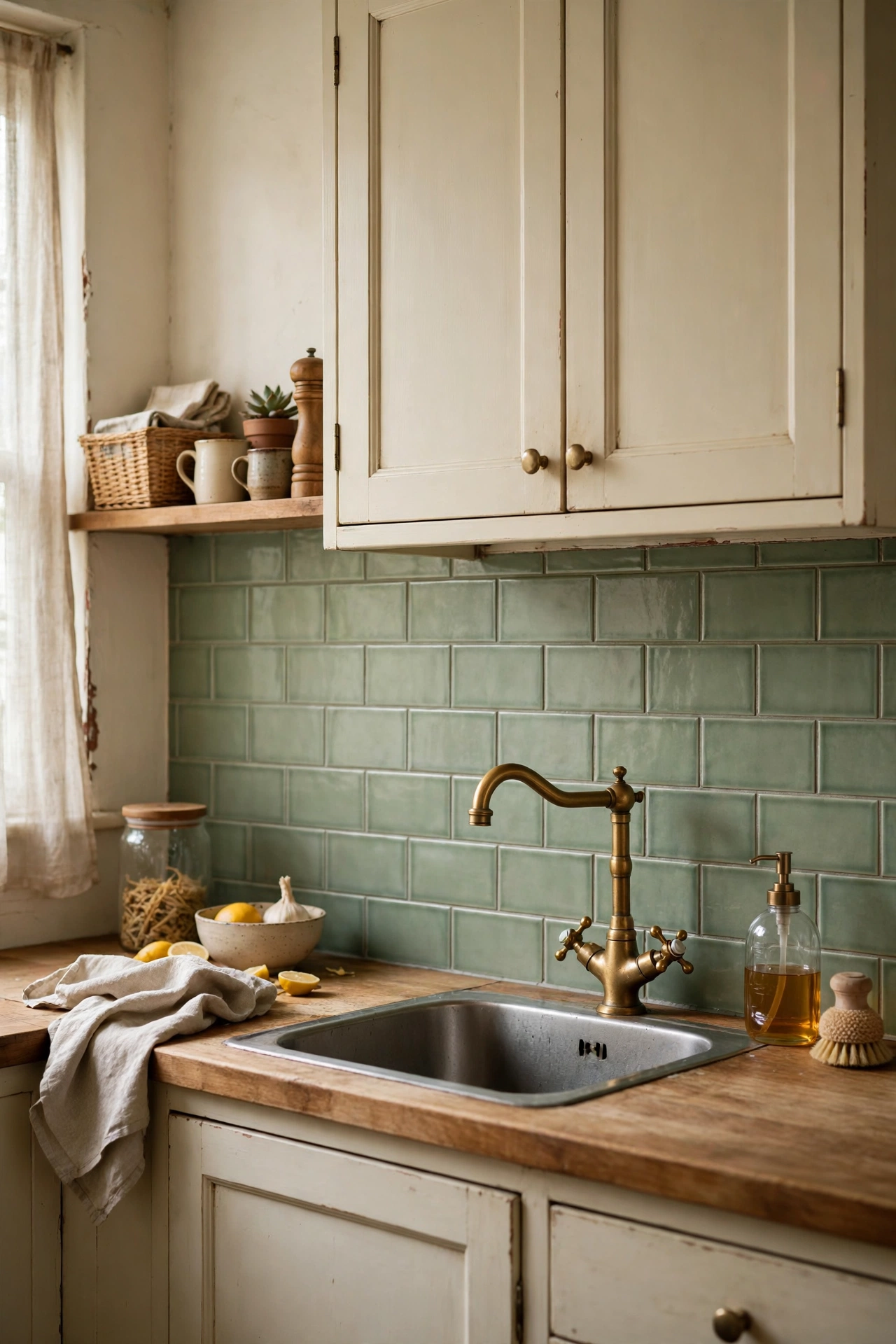 Sage green subway peel and stick tiles with cream cabinets and brass tap
