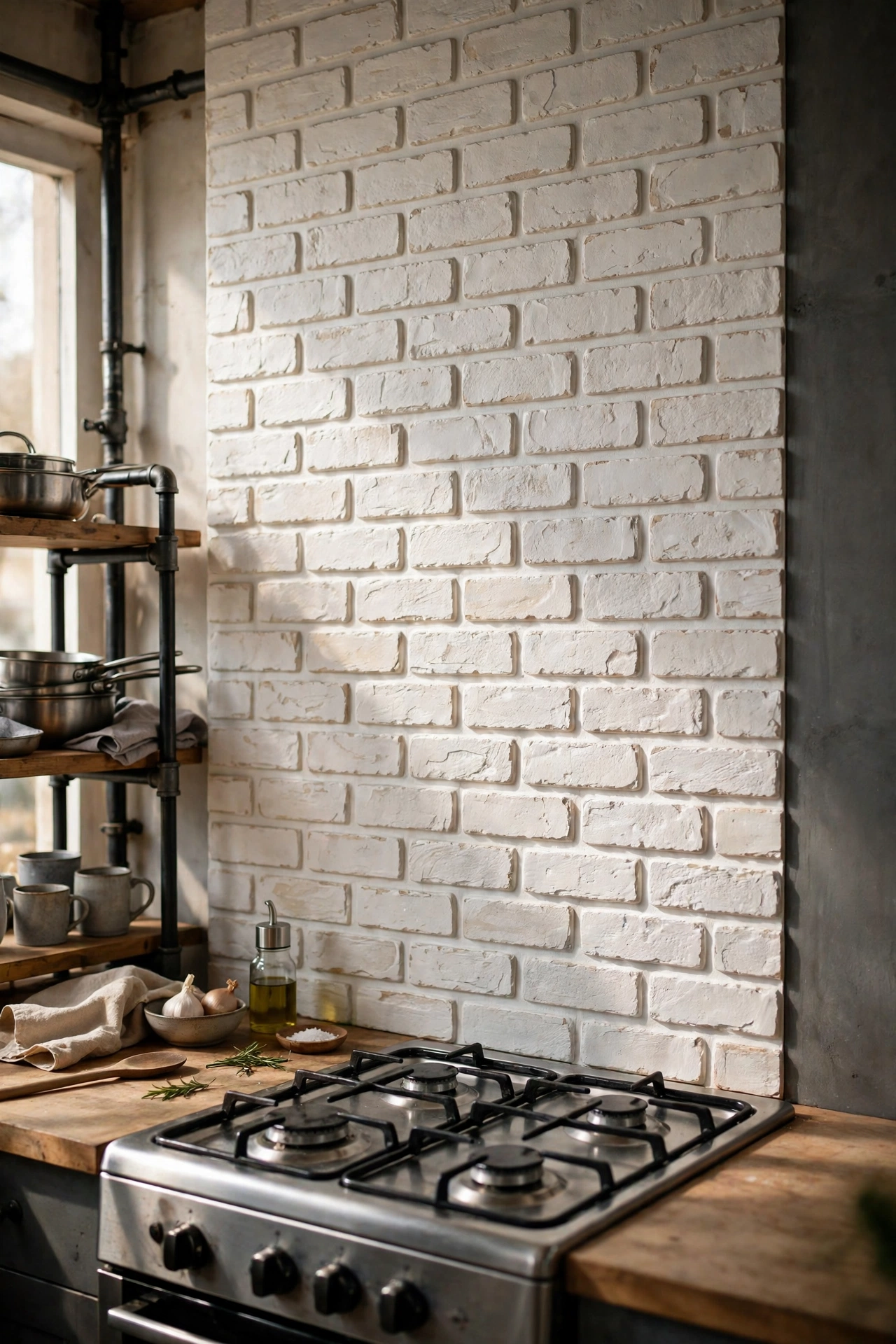 Whitewashed brick-effect peel and stick panels behind a kitchen hob