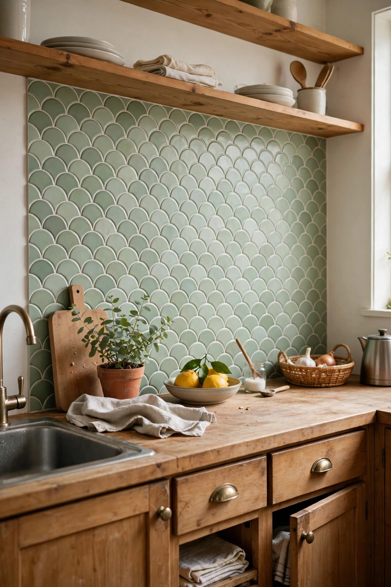 Soft green fish scale scallop peel and stick tiles on a kitchen backsplash