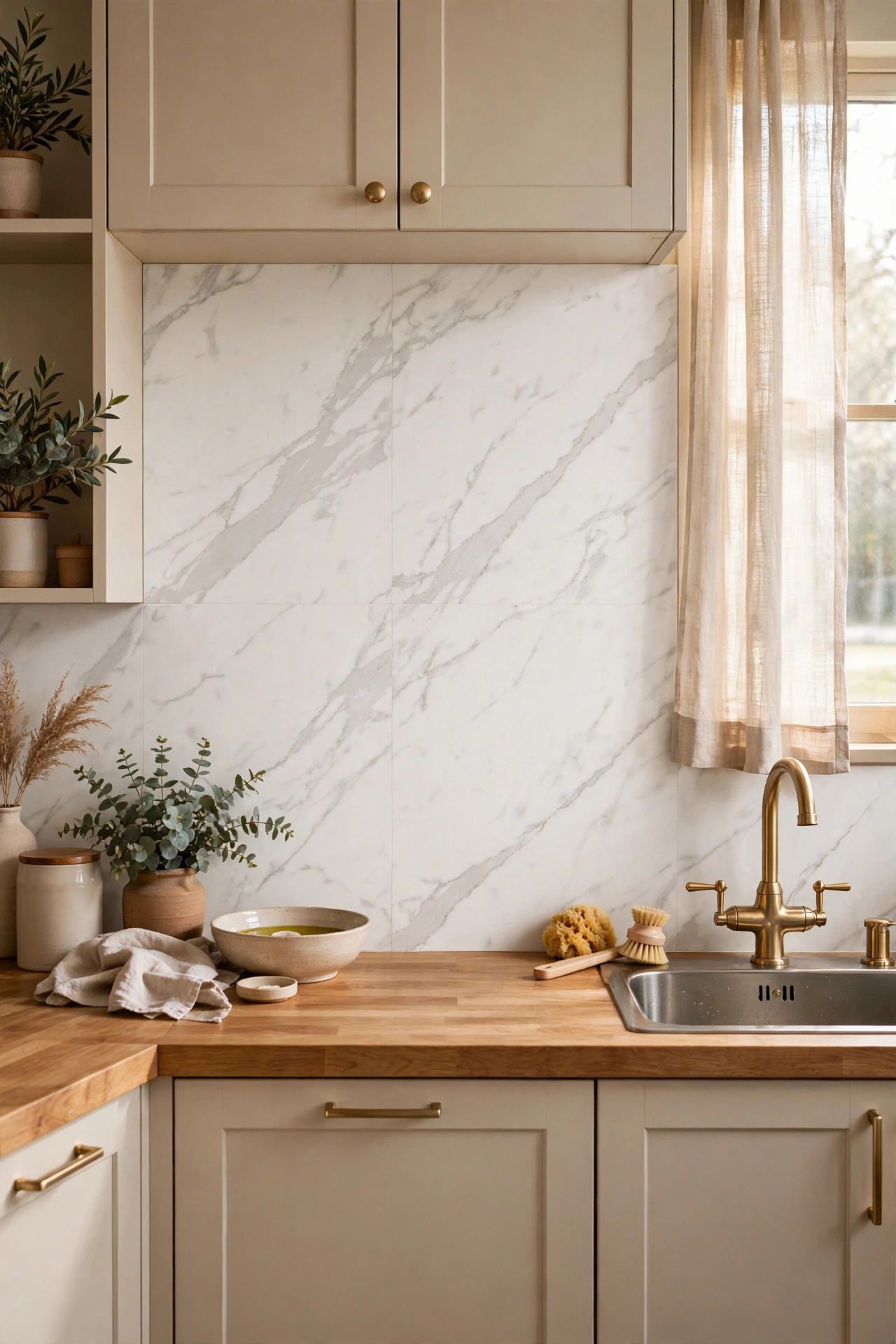 Large-format Carrara marble-look peel and stick slabs as a luxury backsplash