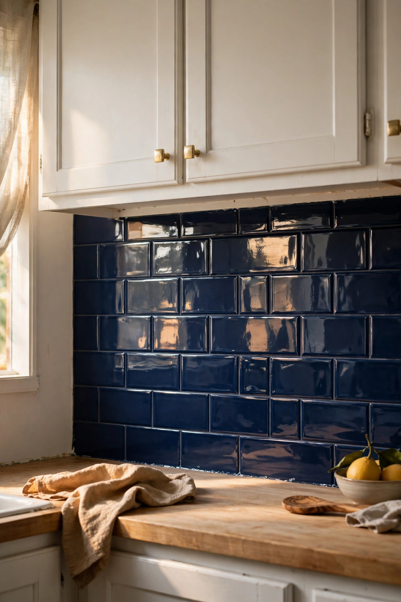 Glossy navy blue rectangle peel and stick tiles as a rich kitchen backsplash
