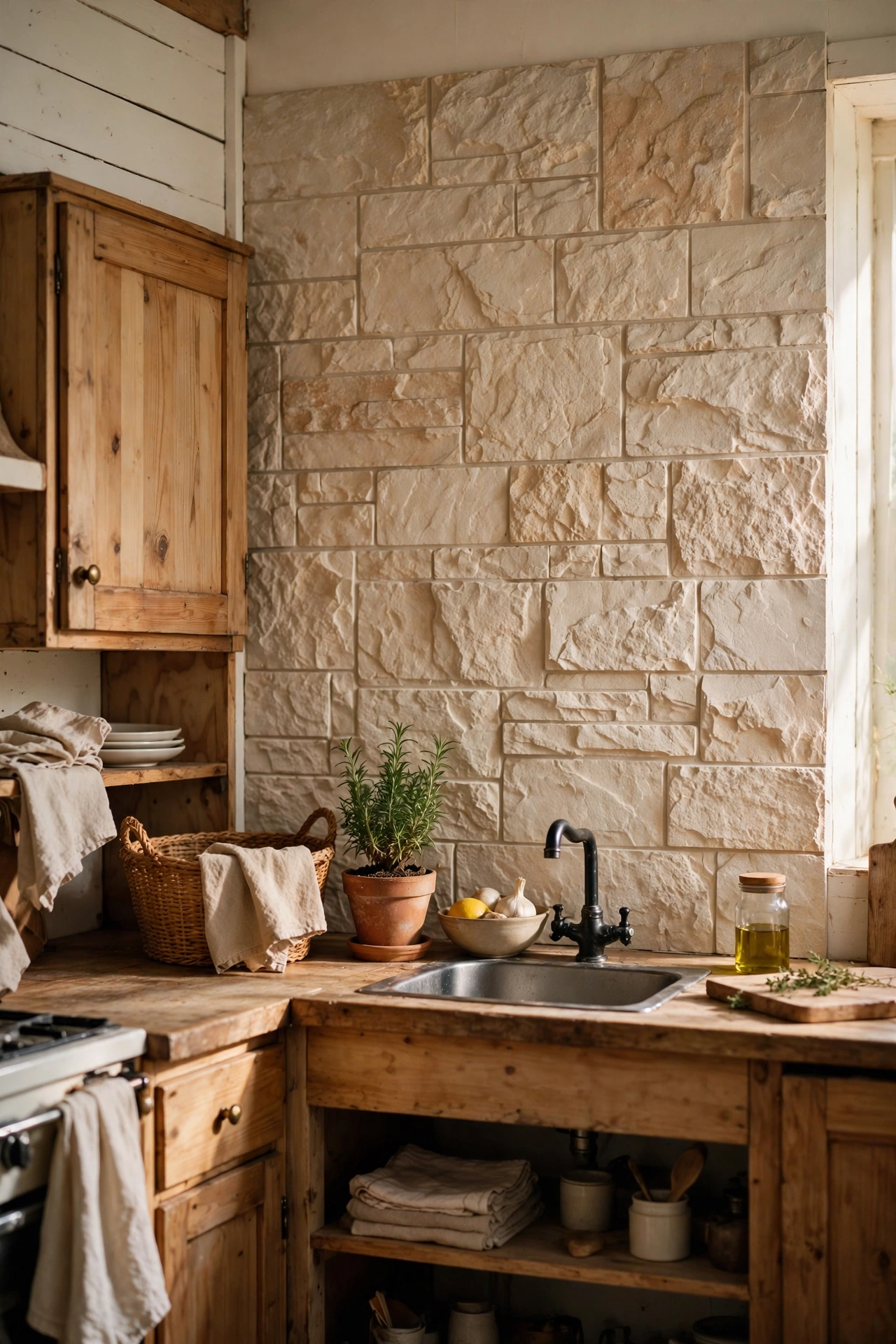 Warm neutral limestone-look textured peel and stick panels in a rustic kitchen