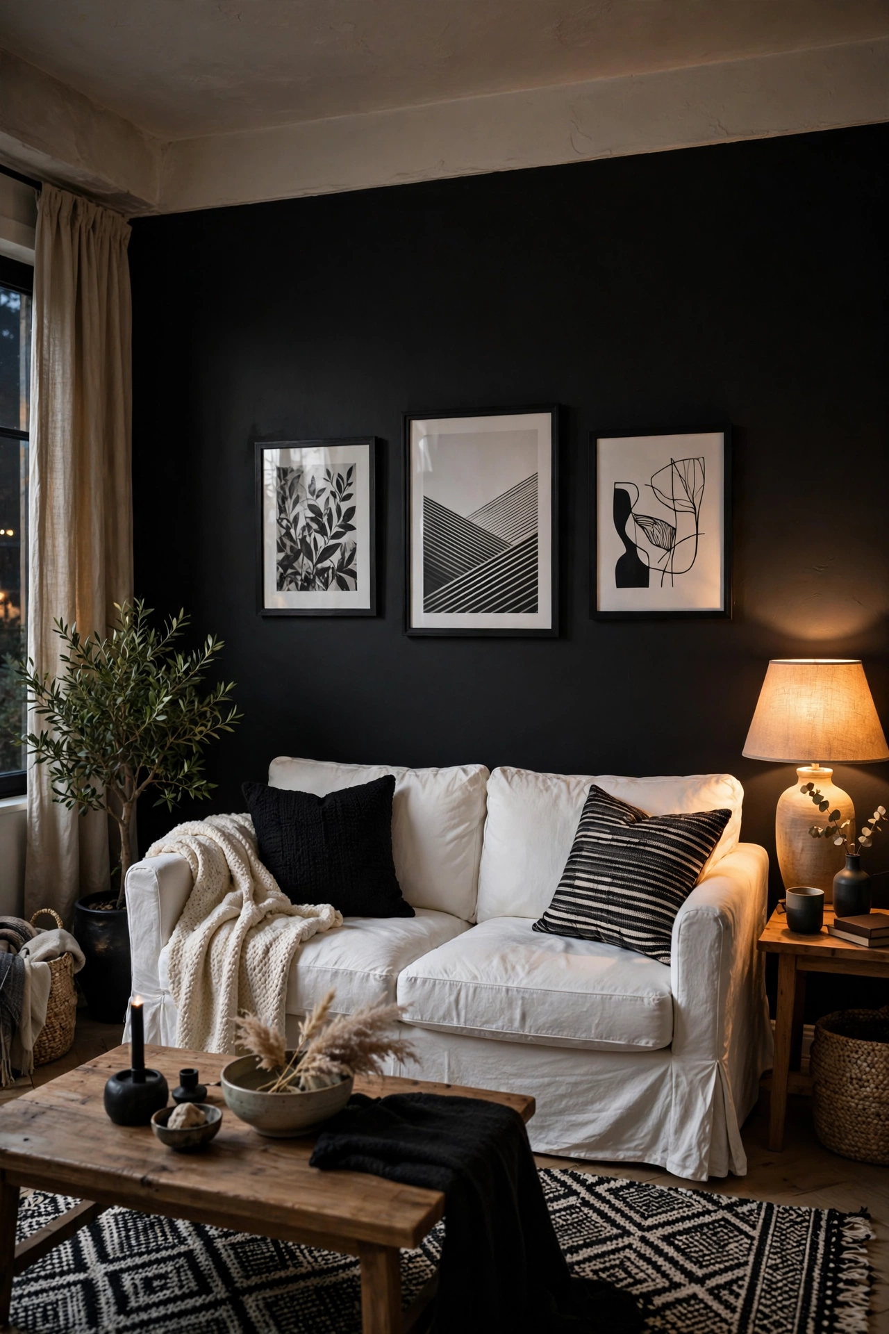 Budget black and white living room idea: matte black accent wall behind a white sofa