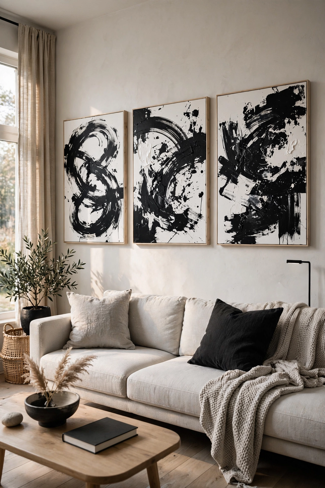 DIY black and white abstract canvas art in a budget living room