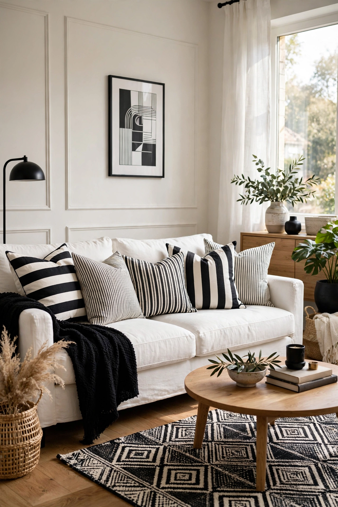 Black and white striped throw pillow covers on a sofa in a monochrome living room