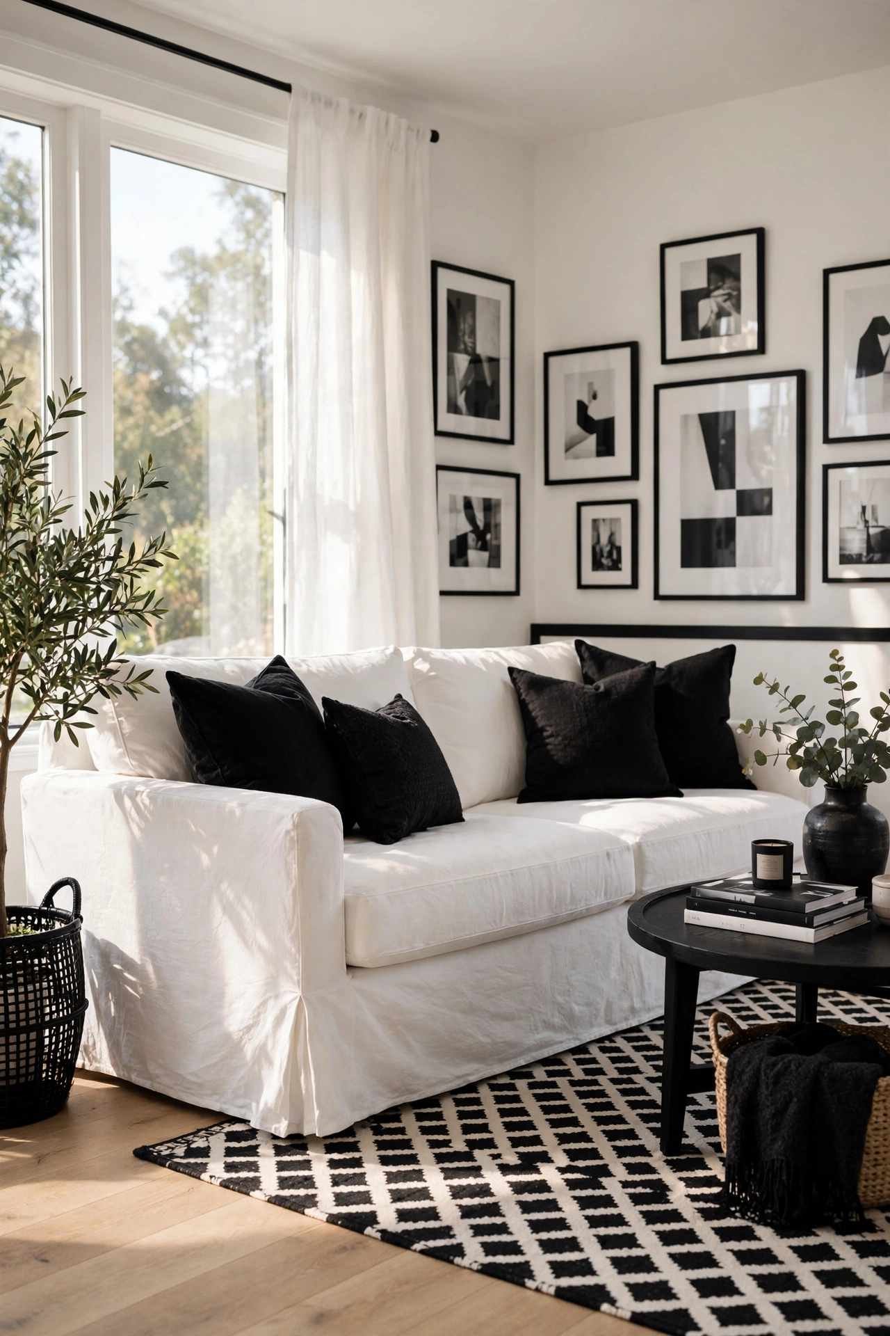 White slipcovered sofa as the foundation of a black and white living room