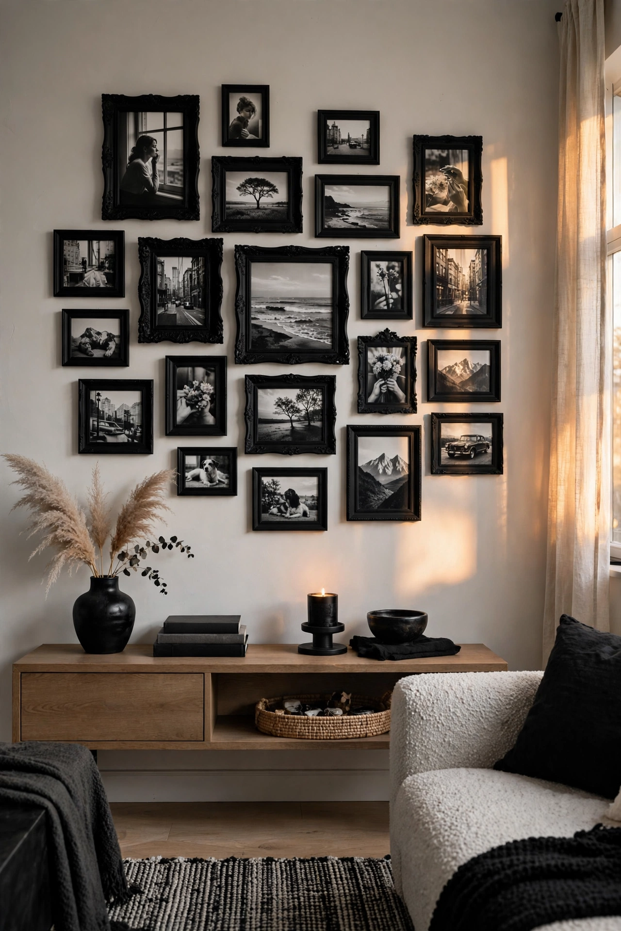 Gallery wall of thrifted frames spray-painted black with black and white photos