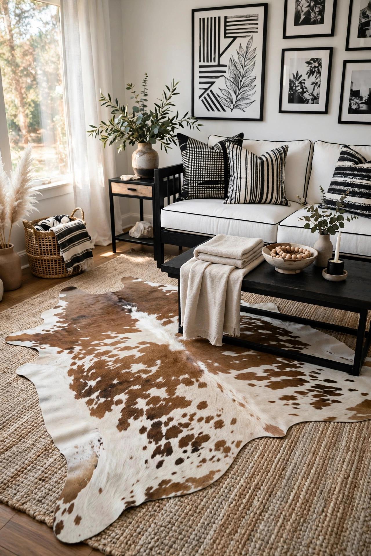 Faux cowhide rug layered over a neutral rug in a black and white living room
