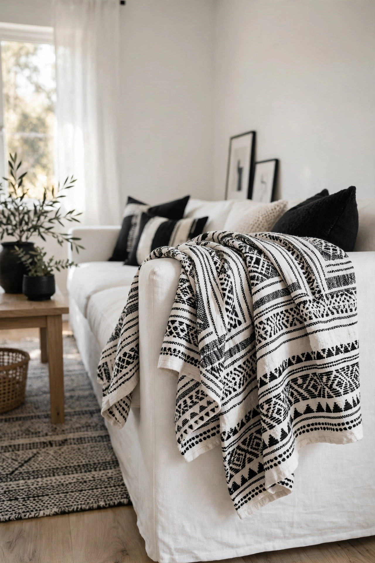 Black and white mudcloth throw blanket draped over a sofa arm