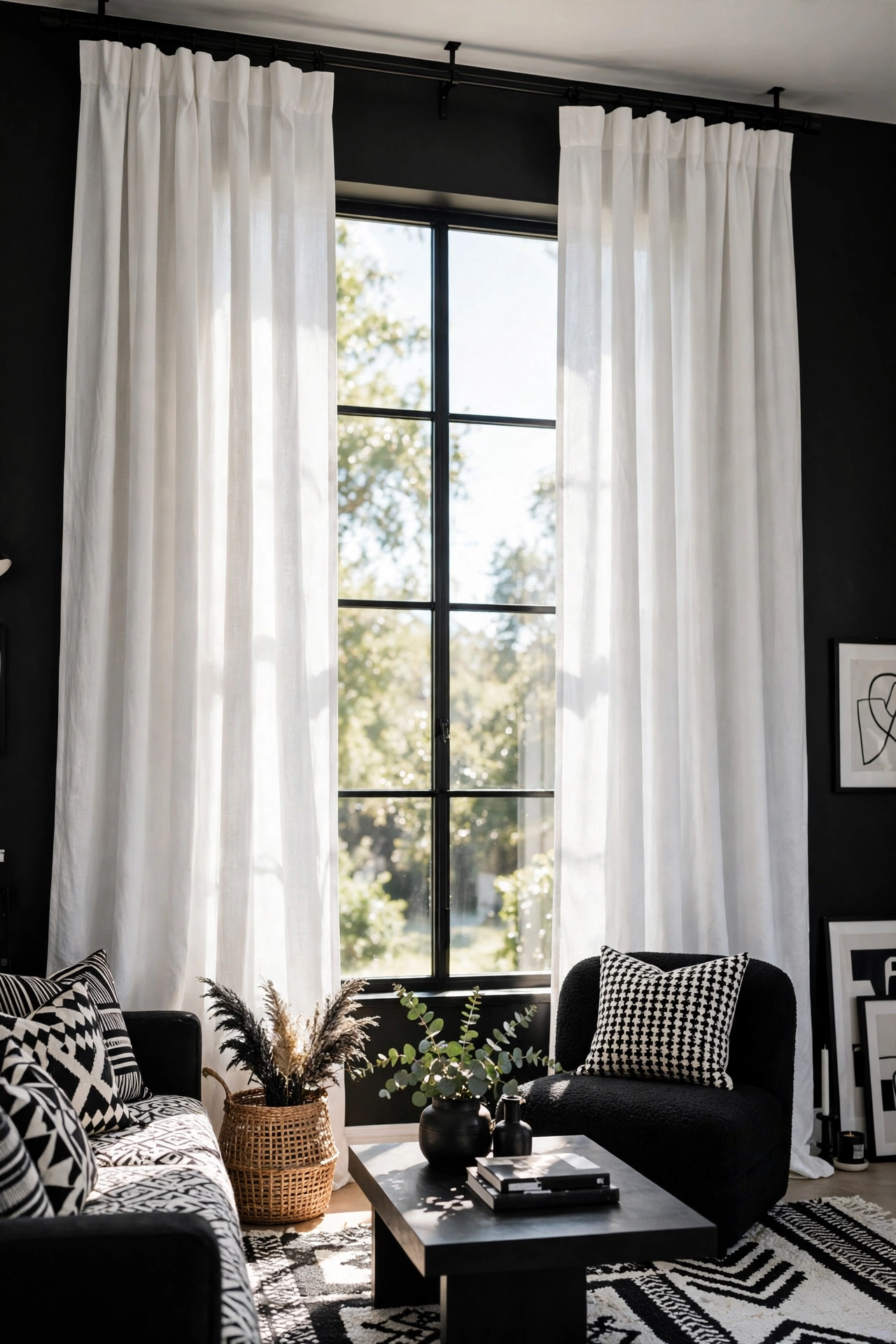Crisp white curtains on matte black curtain rods in a black and white living room