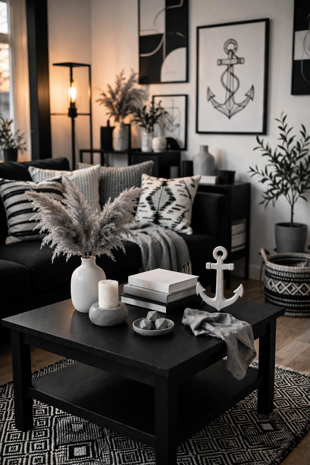 Coffee table painted matte black as a graphic anchor in a monochrome living room