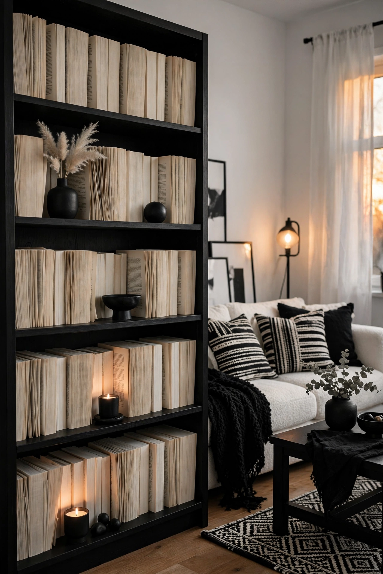 Bookshelf styled monochrome with book pages facing outward