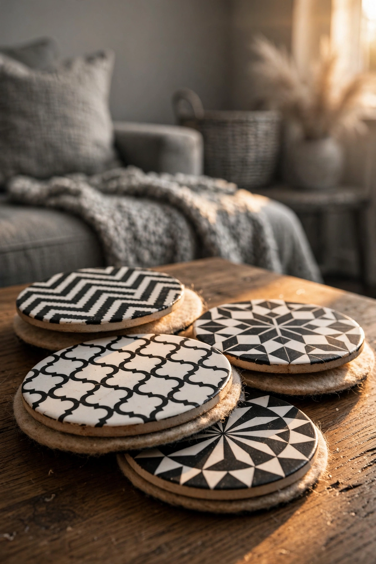 Black and white patterned tile coasters on a coffee table