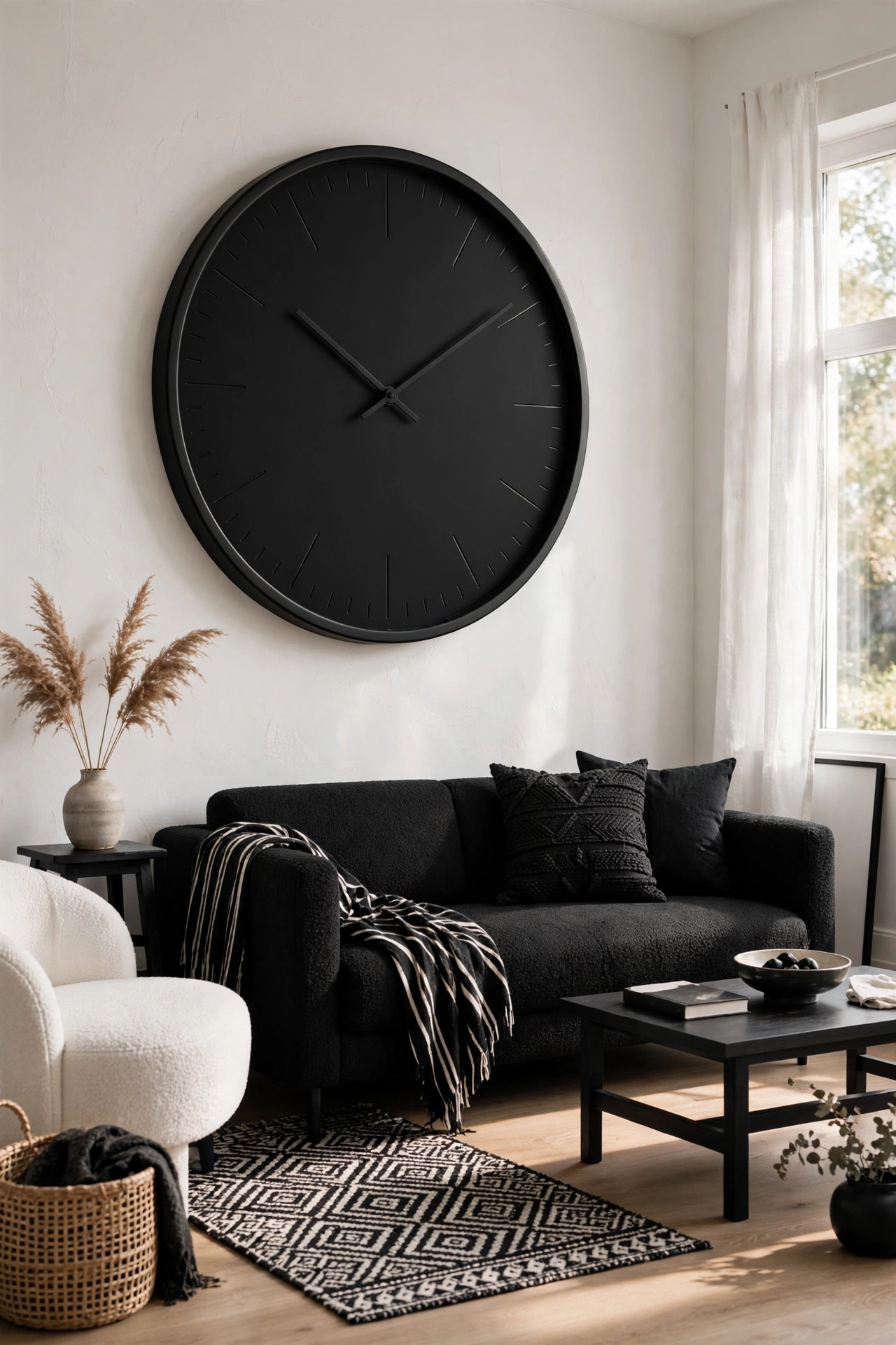 Oversized black wall clock as graphic art in a black and white living room