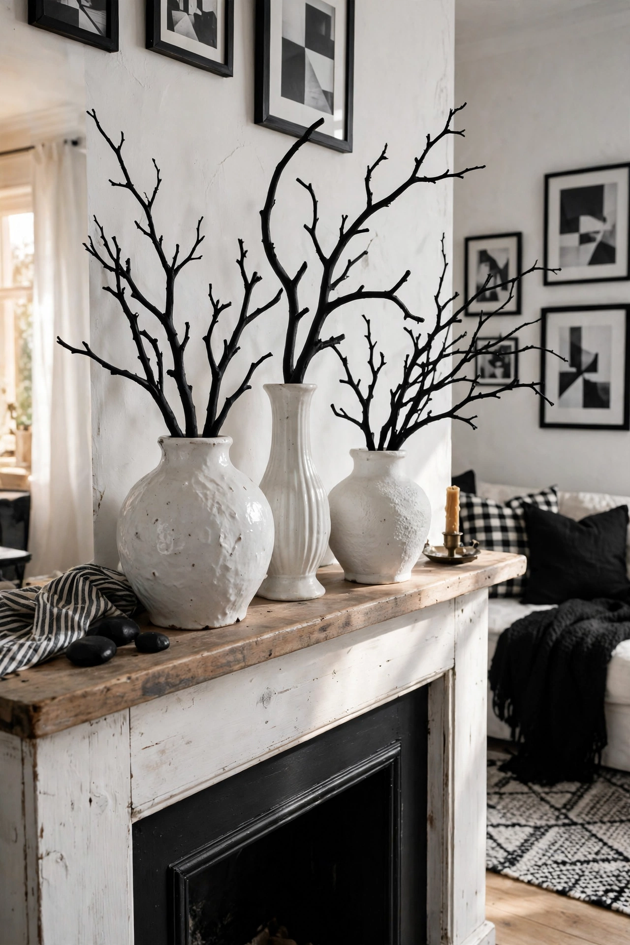 White vases holding black-painted branches as monochrome floral arrangements