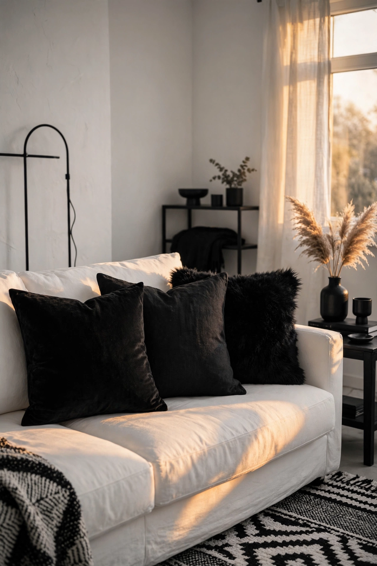 Solid black throw pillows in mixed textures on a white sofa
