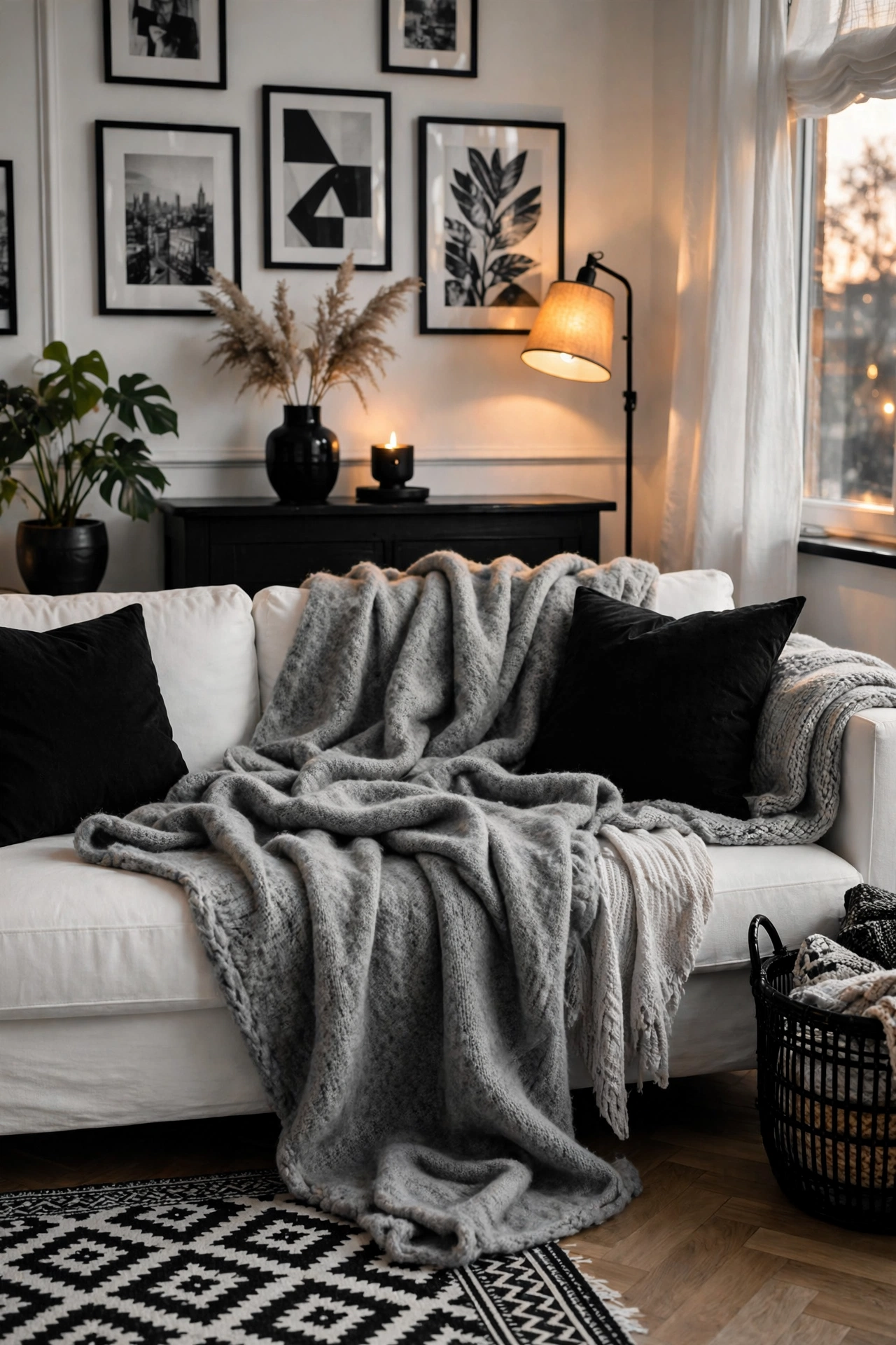 Gray wool throw bridging black and white decor in a monochrome living room