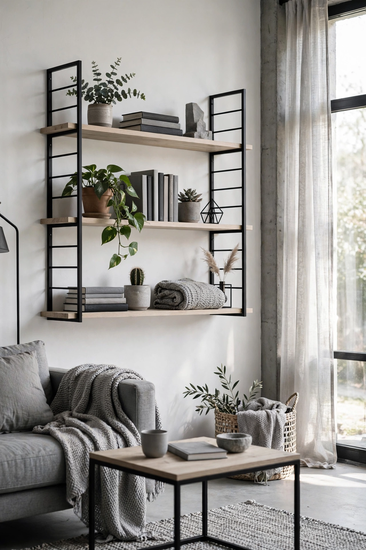 Black metal floating shelves with wood boards in a black and white living room