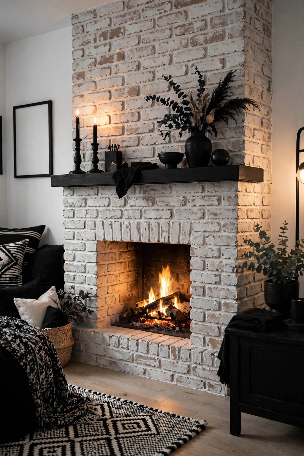 Whitewashed brick fireplace in a black and white living room