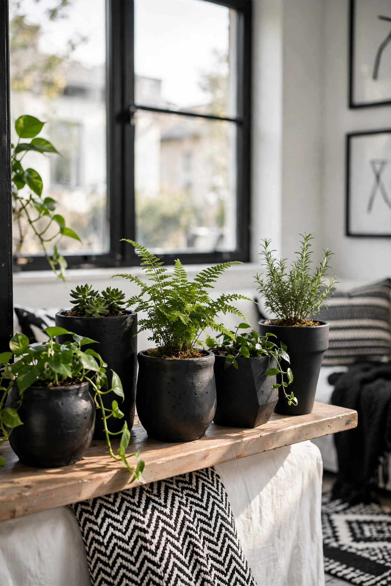 Collection of mismatched pots spray-painted matte black with green plants