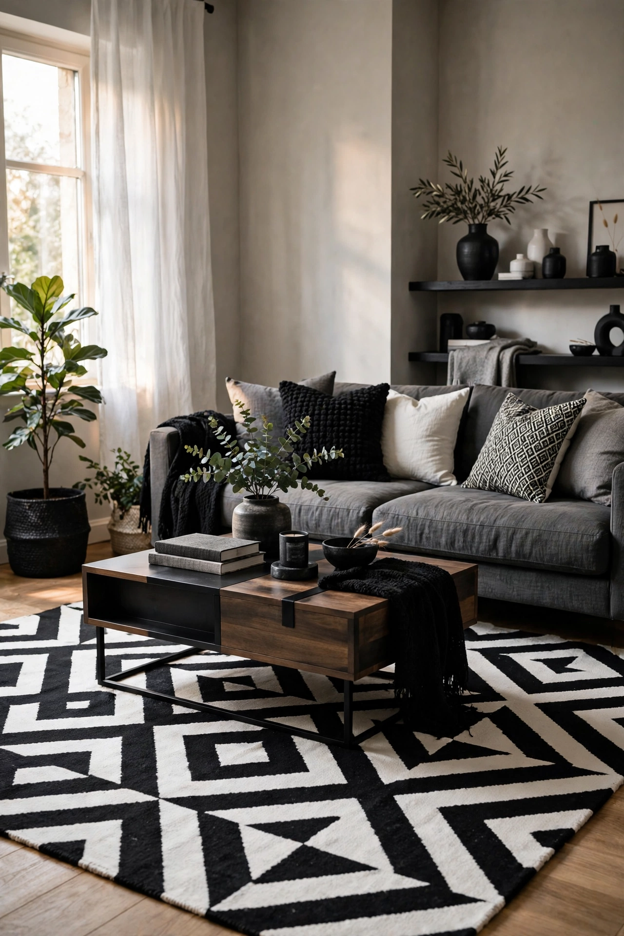 Bold black and white graphic area rug anchoring a monochrome living room