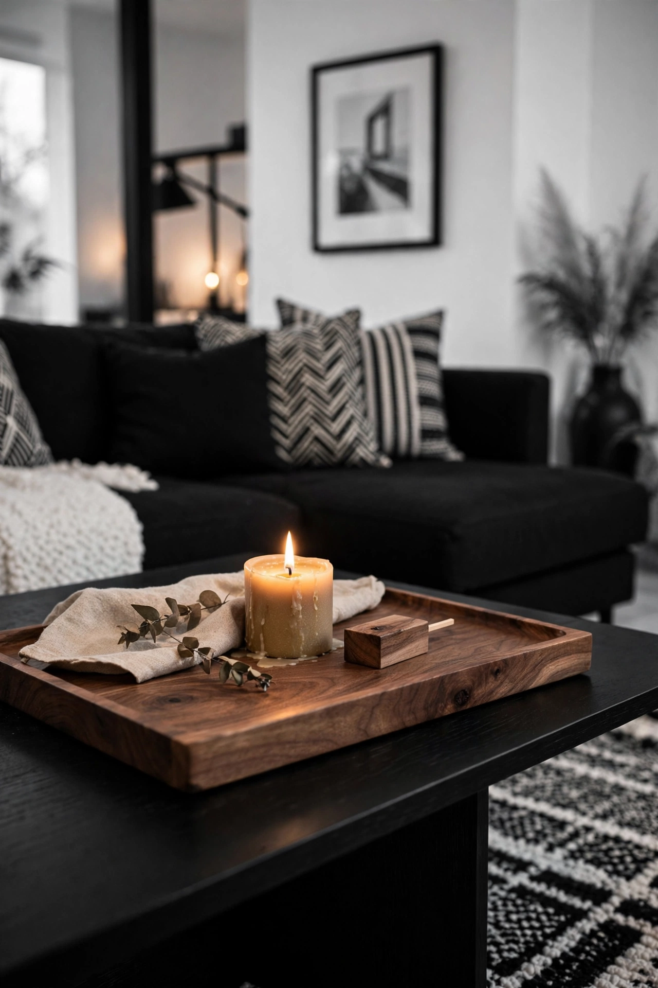 Single warm walnut wood tray on a black coffee table in a monochrome room
