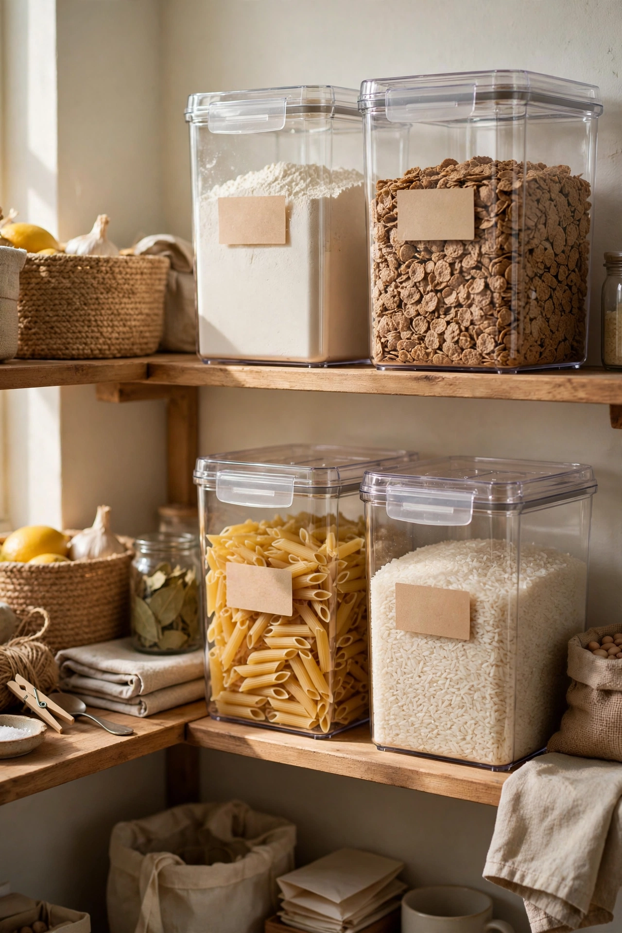 Clear square canisters of flour rice and pasta with labels on pantry shelves