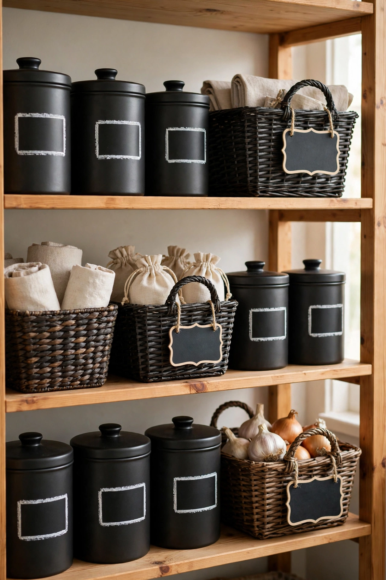 Chalk pen labels on dark pantry canisters and baskets