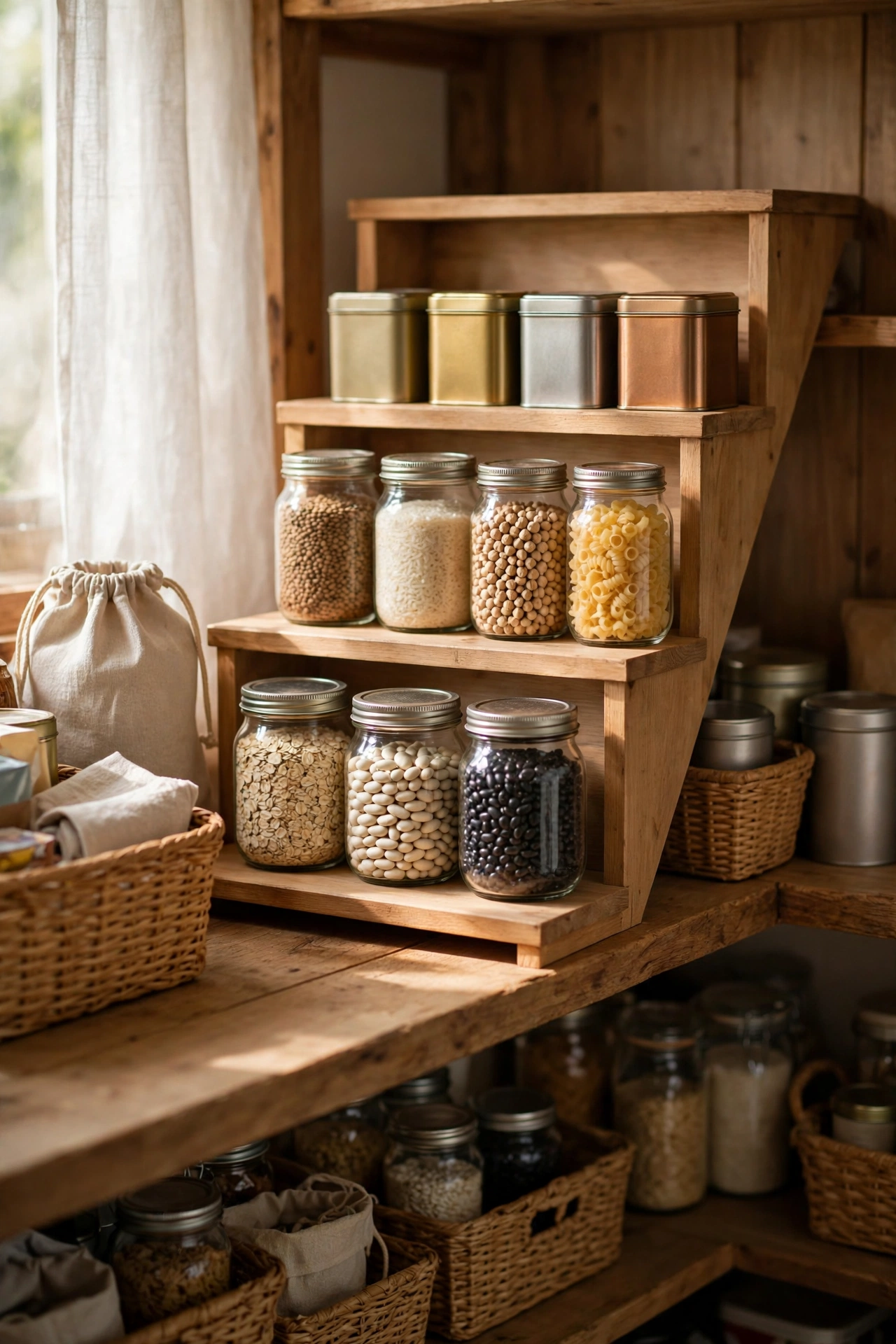 Tiered shelf riser displaying tins in a staircase on a pantry shelf